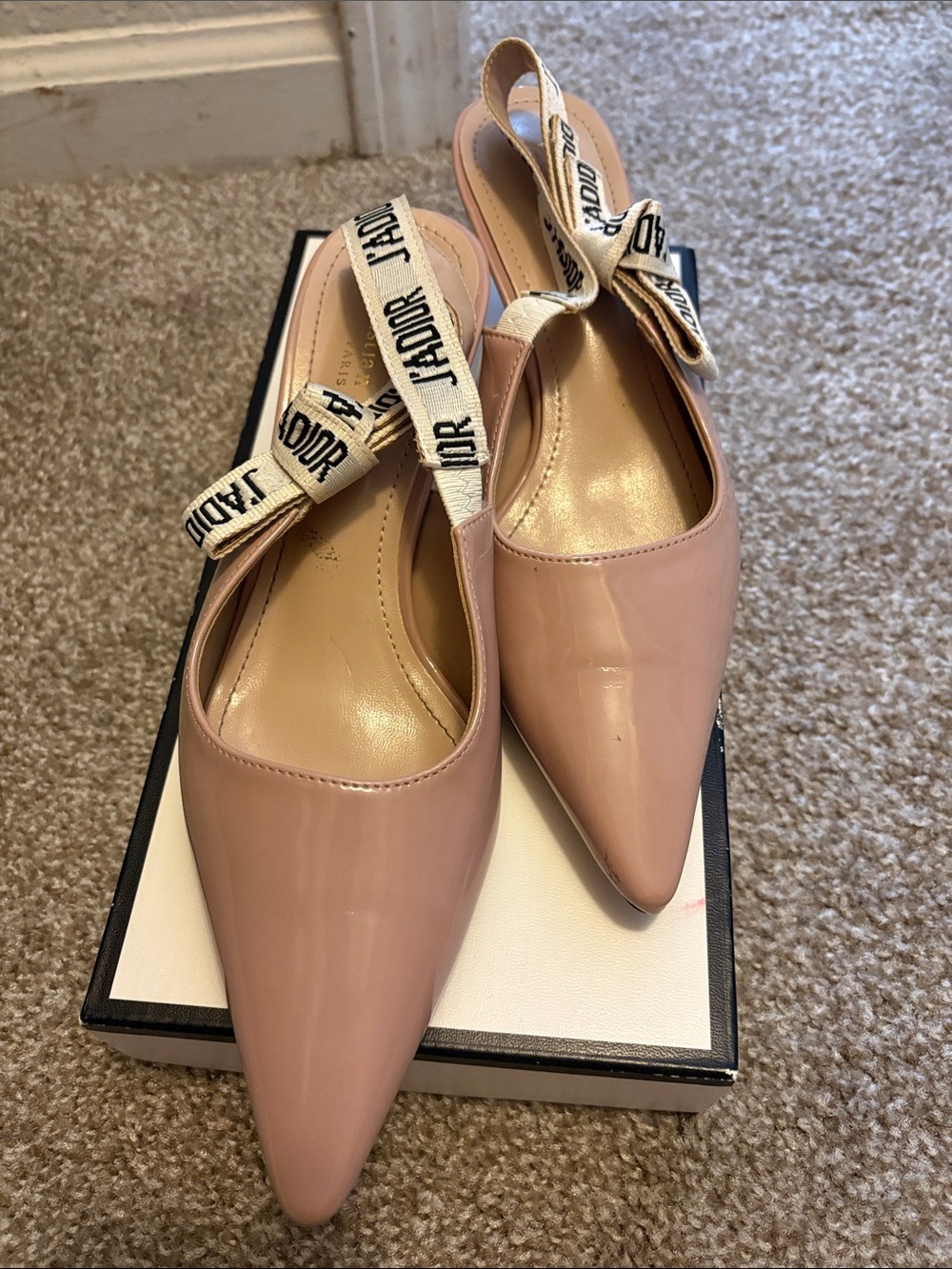 Pink Patent Pointed-Toe Slingback Mules with J'Adior Ribbon fits 8